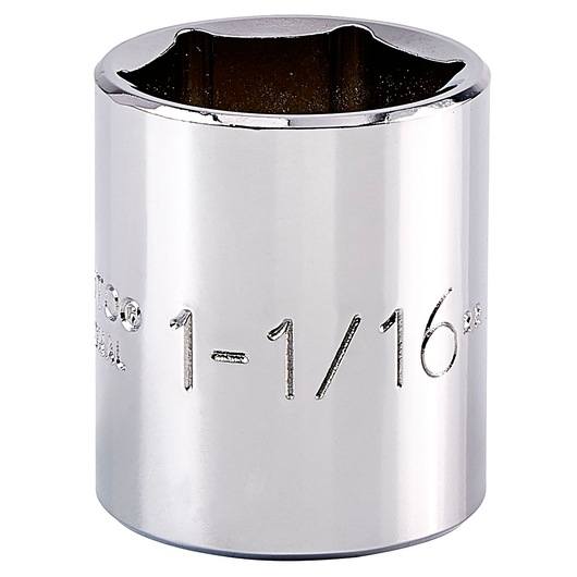 Photo of PROTO J5434H chrome socket, 1-1/16 inch, six-point design, upright angle on white background.