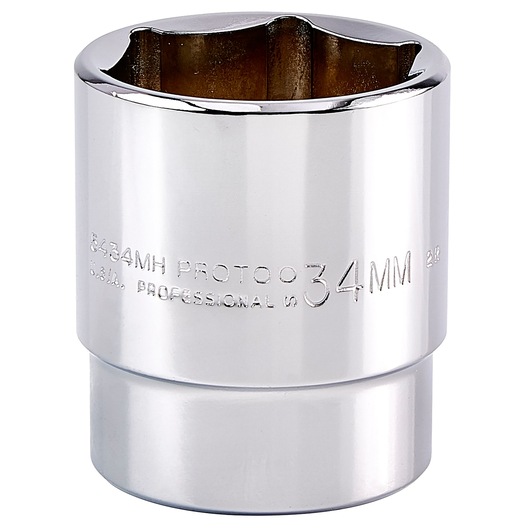 Photo of PROTO J5434MH chrome 34mm socket, six-point design, shown on white background, tool photography.