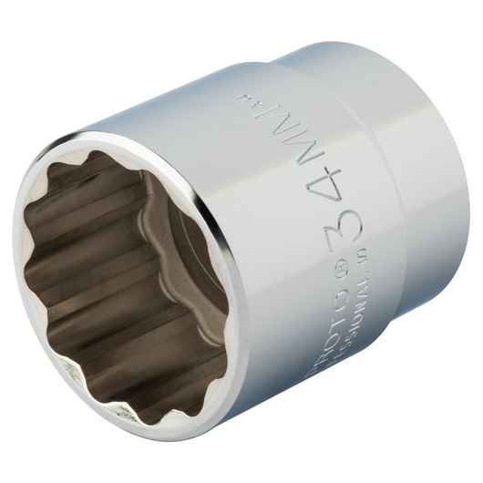 PROTO J5434M polished chrome 34mm twelve-point socket, front angle on white background.