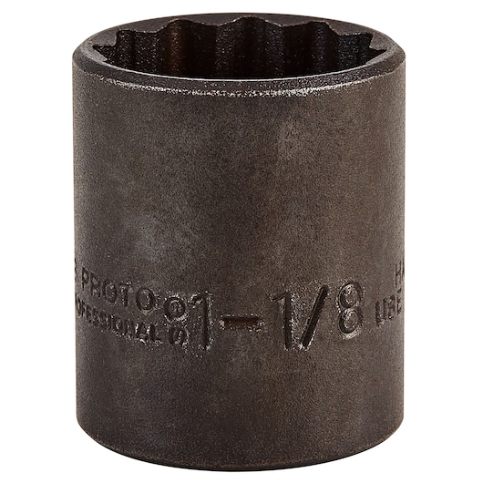 PROTO J5436B 12-point 1-1/8 inch impact socket, dark steel, cylindrical, front angle, white background.