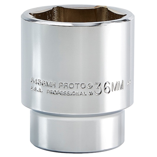 Photo of PROTO J5436MH 36mm chrome socket, engraved with size and branding, front angle on white background.
