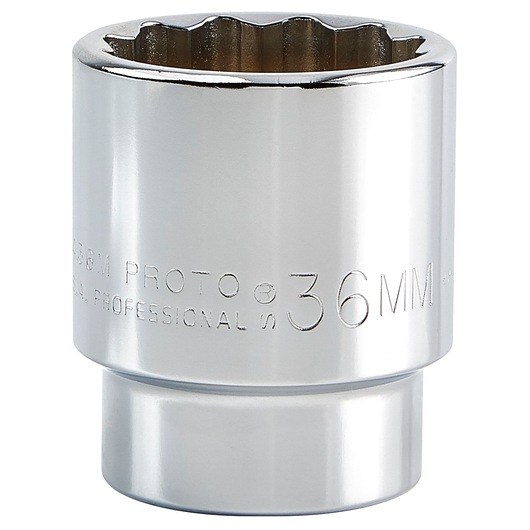 PROTO J5436M chrome 36mm socket, close-up of cylindrical hand tool against white background.