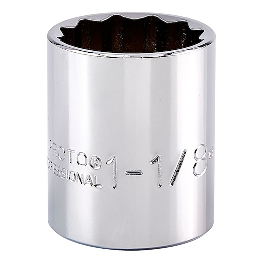 PROTO J5436 chrome socket, 1-1/8 inch, 12-point design, front angle on white background.