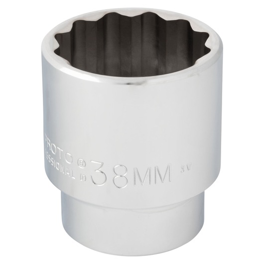PROTO J5438M chrome 12-point 38mm socket, side angle on white background.