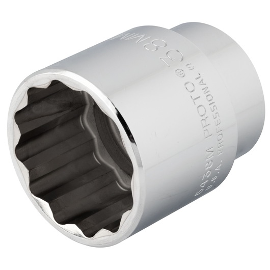 PROTO J5438M chrome socket, 12-point, close-up angle on white background, hand tool accessory.