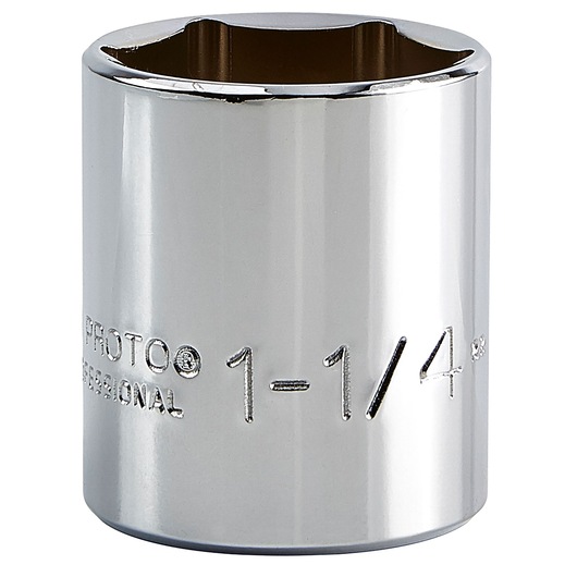 PROTO J5440H chrome socket, 1-1/4 inch size, cylindrical, six-point, front angle on white background.