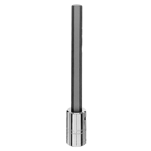 PROTO J5441-12MXL long hex bit socket with chrome base and black hex shaft, straight-on angle, white background.