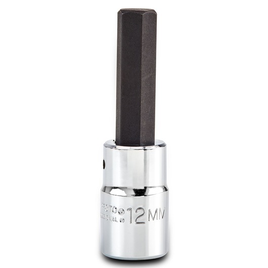 PROTO J5441-12M hex bit socket, 12mm size, chrome finish with black hexagonal bit, frontal view, white background.