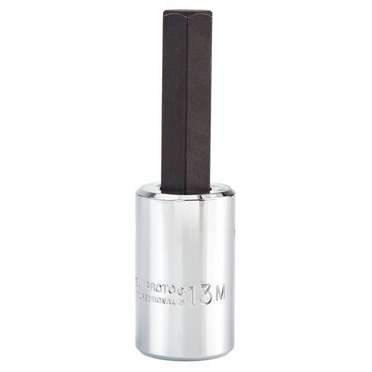PROTO J5441-13M hex bit socket, silver and black, photography, upright front angle on white background.