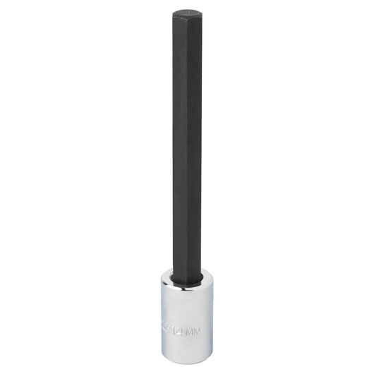 PROTO J5441-14MXL hex bit socket with long black hex shank and silver base, product photography, front angle.