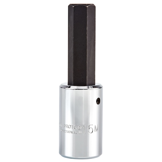 PROTO J5441-15M hex bit socket with chrome finish, straight angle on white background.