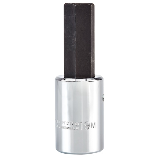 PROTO J5441-19M hex bit socket, chrome finish with black hex bit, product photo front angle.