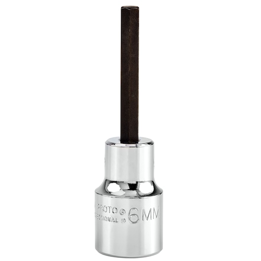 Photo of PROTO J5441-6M hex bit socket, chrome finish with 6mm hex bit, studio angle on white background.