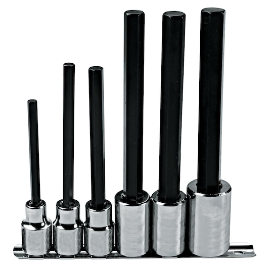 PROTO J5441-6XL hex bit socket set with six pieces, chrome and black finish, side angle on white background.
