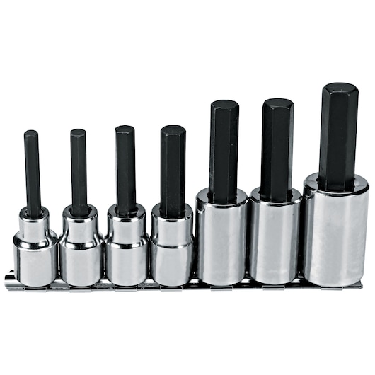 PROTO J5441-7 hex bit socket set, seven-piece chrome and black sockets, front angle on white background.