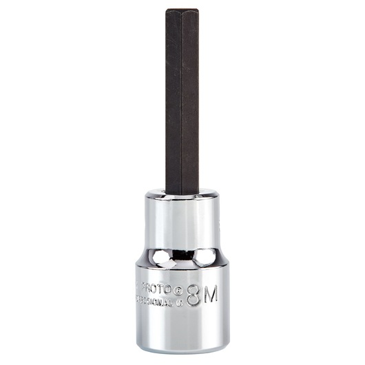 PROTO J5441-8M hex bit socket with chrome finish and 8mm black hex tip, front angle on white background.
