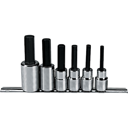 PROTO J5441-SM hex bit socket set, six black and chrome sockets on rail, front angle, white background.