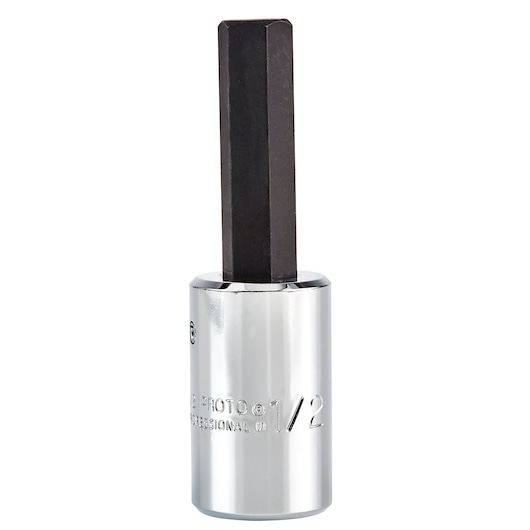 PROTO J54411-2 hex bit socket with chrome finish and black hex tip, product photography on white background.