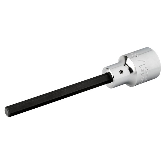 PROTO J54411/4XL hex bit socket with long black hex shaft and chrome finish, side angle on white background.