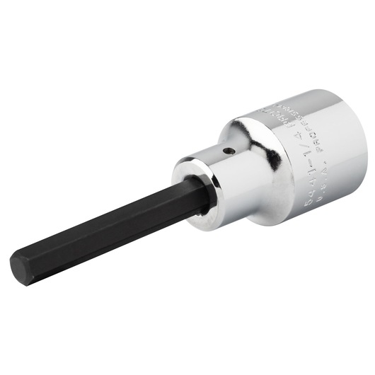 PROTO J54411/4 hex bit socket with chrome finish and black hexagonal tip, angled view on white background.