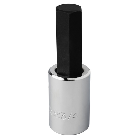 Photo of PROTO J54413/4 hex bit socket with chrome body and black hex end, front angle on white background.