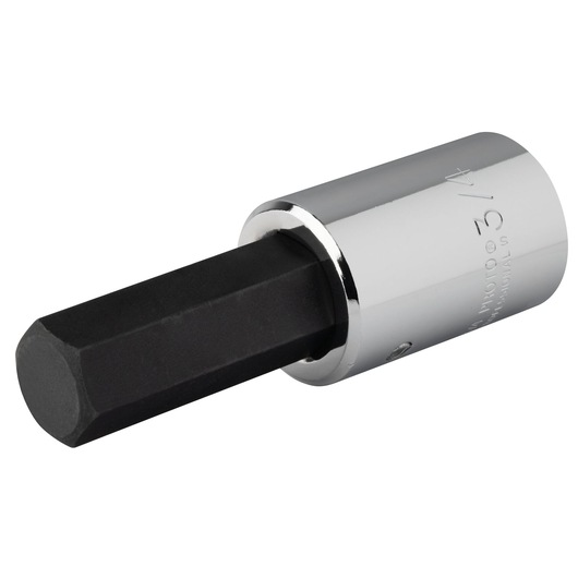 PROTO J54413/4 hex bit socket with black hex bit and chrome finish, side angle on white background.