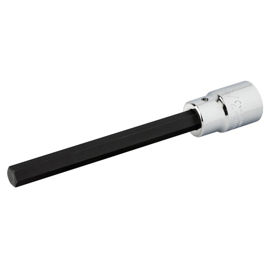 PROTO J54413/8XL long hex bit socket with black hex shaft and chrome socket, side angle on white background.