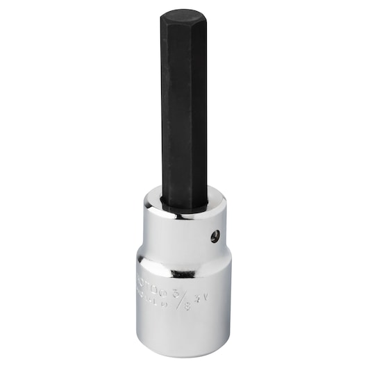 PROTO J54413-8 hex bit socket, chrome finish with black hex bit, upright angle, white background.