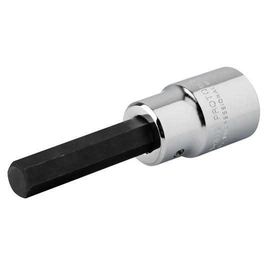 PROTO J54413/8 hex bit socket, chrome and black finish, photographed on white background.