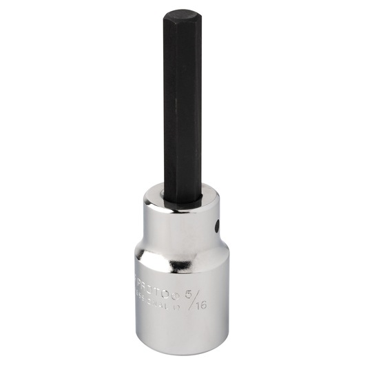 PROTO hex socket J54415-16 photography, polished chrome base with black hex bit, front angle, white background.