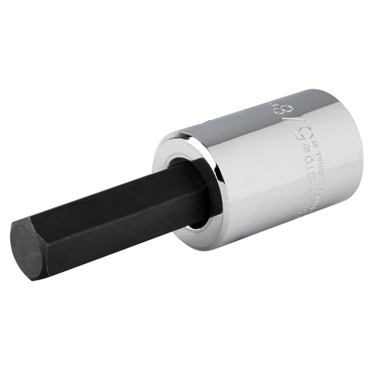 PROTO J54415/8 hex bit socket with black hex shaft and chrome body, side angle on white background.