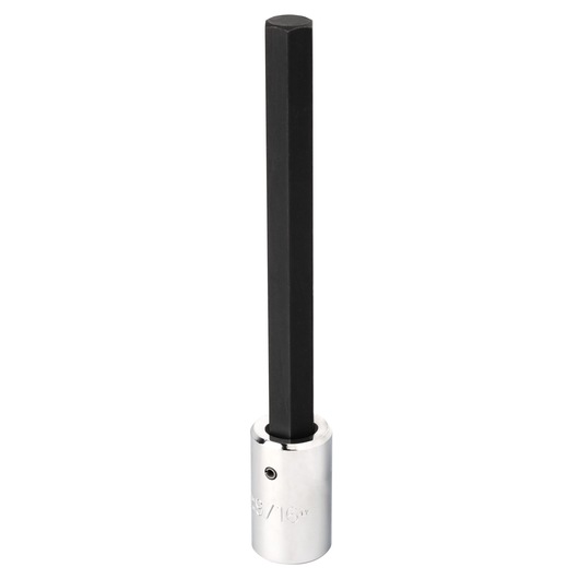 Photo of PROTO J54419/16XL long hex bit socket, black hex shaft with silver chrome base, front angle on white background.