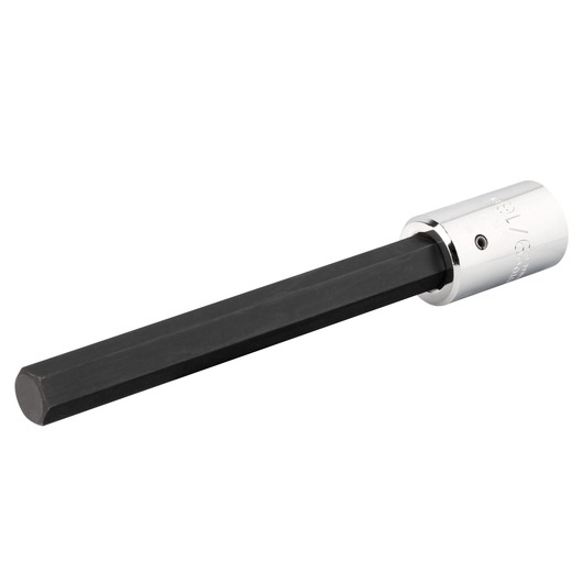 Photo of PROTO J54419/16XL hex bit socket, black hex shaft with chrome finish socket, side angle on white background.