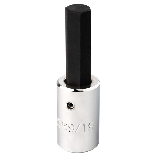 Photo of PROTO J54419/16 chrome hex bit socket with black hex tip, upright on white background.