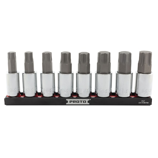 PROTO J5441R8MM chrome and gray 8-piece metric bit socket set on black rail, front angle, white background.