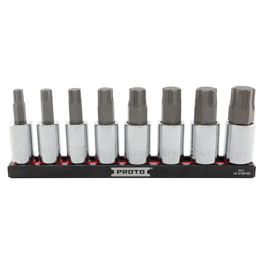 PROTO J5441R8SAE 8-piece hex bit socket set with chrome finish on holder, front angle on white background.