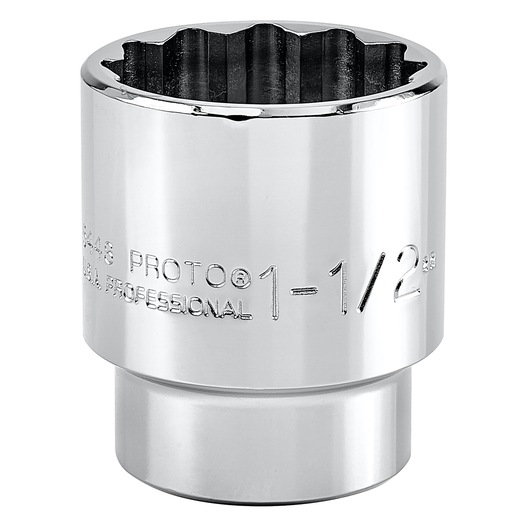 PROTO J5448 chrome socket, 1-1/2 inch, 12-point, close-up on white background.
