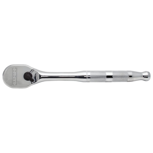 Photo of PROTO J5449HTC chrome-finish ratchet with knurled handle, product shown from side on white background.