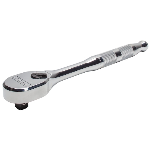 Photo of PROTO J5449HTC polished chrome ratchet with knurled handle, angled on white background.