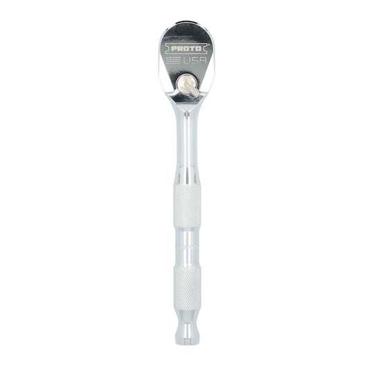 Photo of PROTO ratchet tool with knurled handle, silver finish, SKU J5449MAX, front view on white background.
