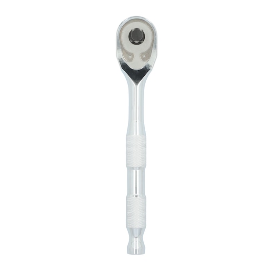 Photo of PROTO J5449MAX chrome ratchet wrench, straight handle, front view, tool photography.