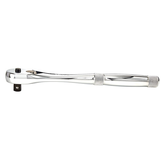 Photo of a PROTO J5449XLQR chrome ratchet with knurled grip, side angle on white background.