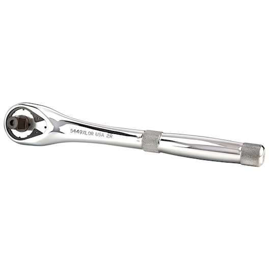 PROTO J5449XLQR chrome ratchet with knurled handle, side angle on white background.