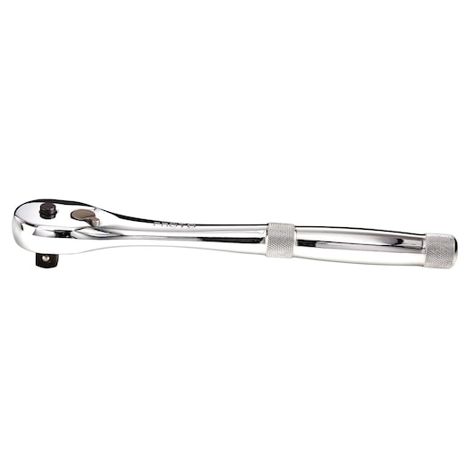 PROTO J5449XLQR chrome ratchet wrench, knurled grip, side view on white background, hand tool.