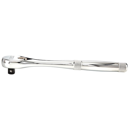 PROTO J5449XL chrome polished ratchet with knurled handle, side view, on white background.