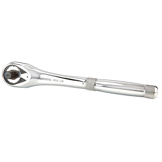 PROTO J5449XL chrome ratchet with knurled grip, side view on white background.