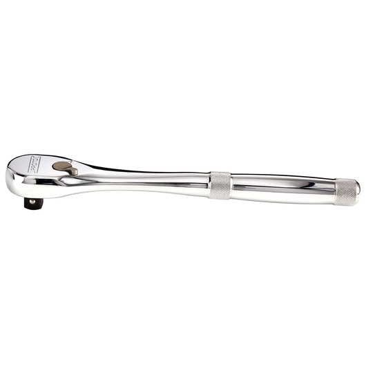 PROTO J5449XL chrome ratchet with knurled handle, side view on white background, hand tool.