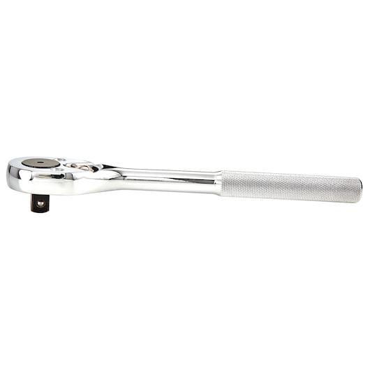 PROTO J5449 chrome hand ratchet wrench with knurled handle, side angle on white background.
