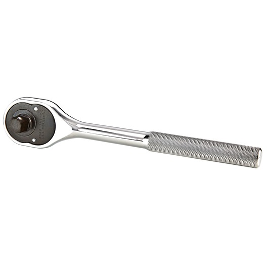 PROTO J5449 chrome ratchet wrench with knurled handle, side angle on white background.