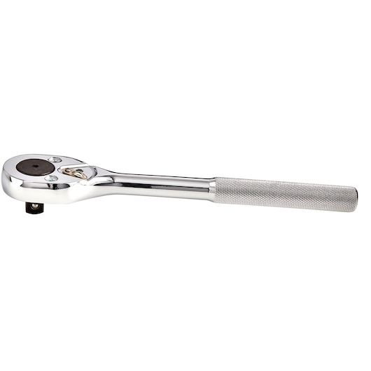 PROTO J5449 chrome hand ratchet with knurled handle, side angle on white background, hand tool.